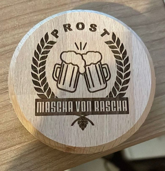 Artfully handcrafted wooden beer mat 3-in-1, unique piece with laser engraving – designed by Mascha von Rascha